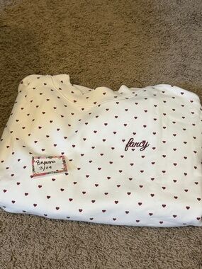 Women's White Pajama Top with Red Heart Print and 'fancy' Embroidery